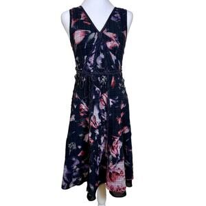 Theory Sleeveless Silk Blend Floral Dress Size 6 V-Neck Fit & Flare Midi